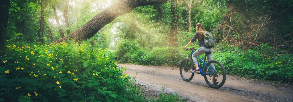 Woman biking on a trail in the forest